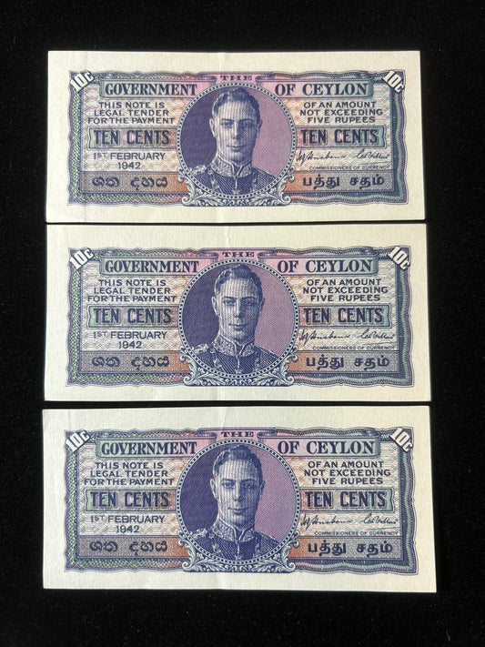 1942 George VI Ten Cents Bank of Ceylon Bank Notes