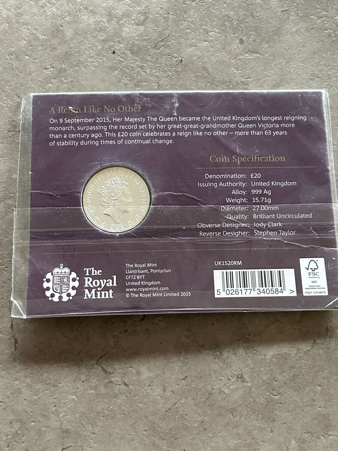 2015 Longest Reign £20 BU Silver Coin