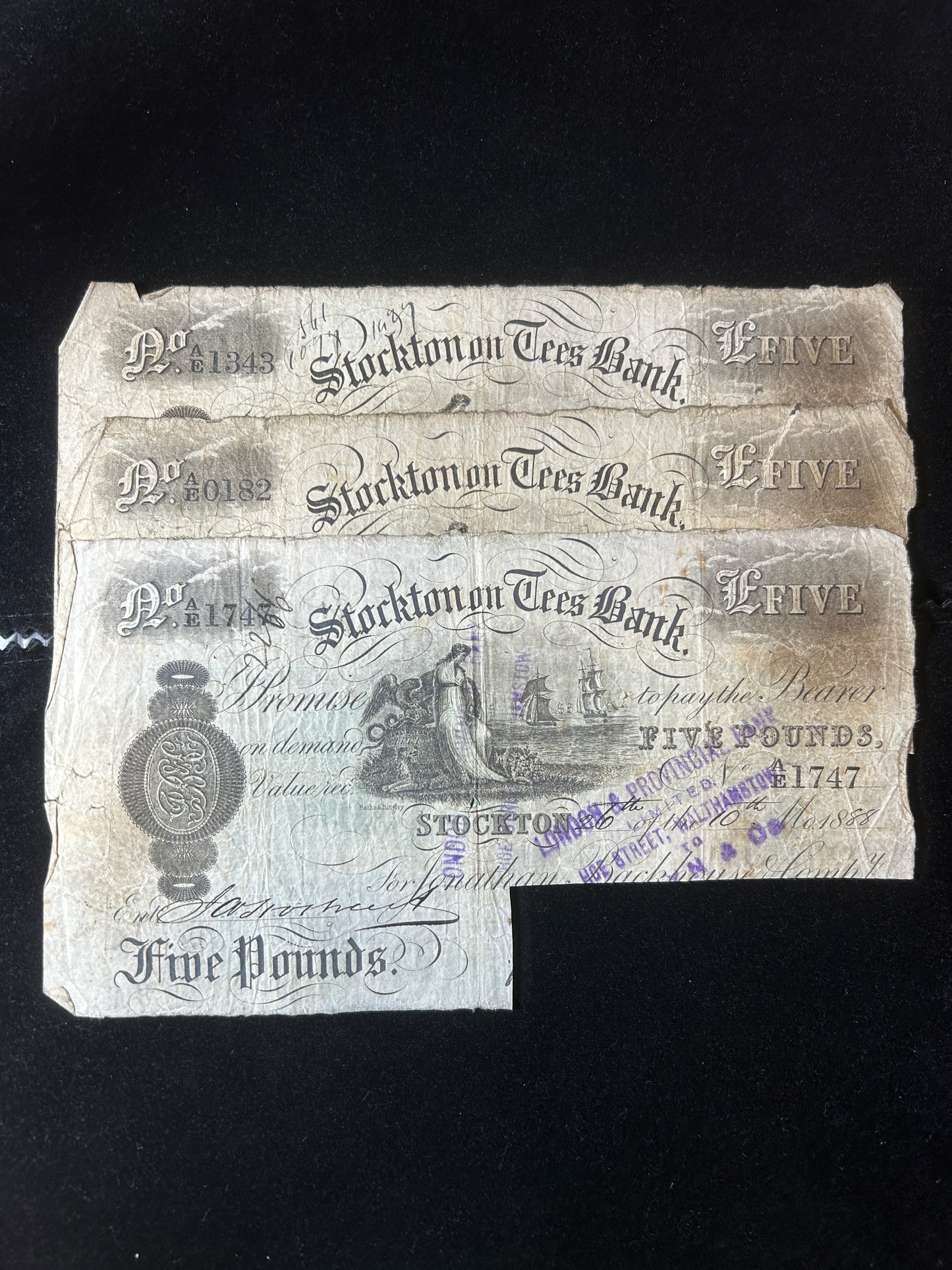 1888 Stockton on Tees Bank Provincial £5 Note